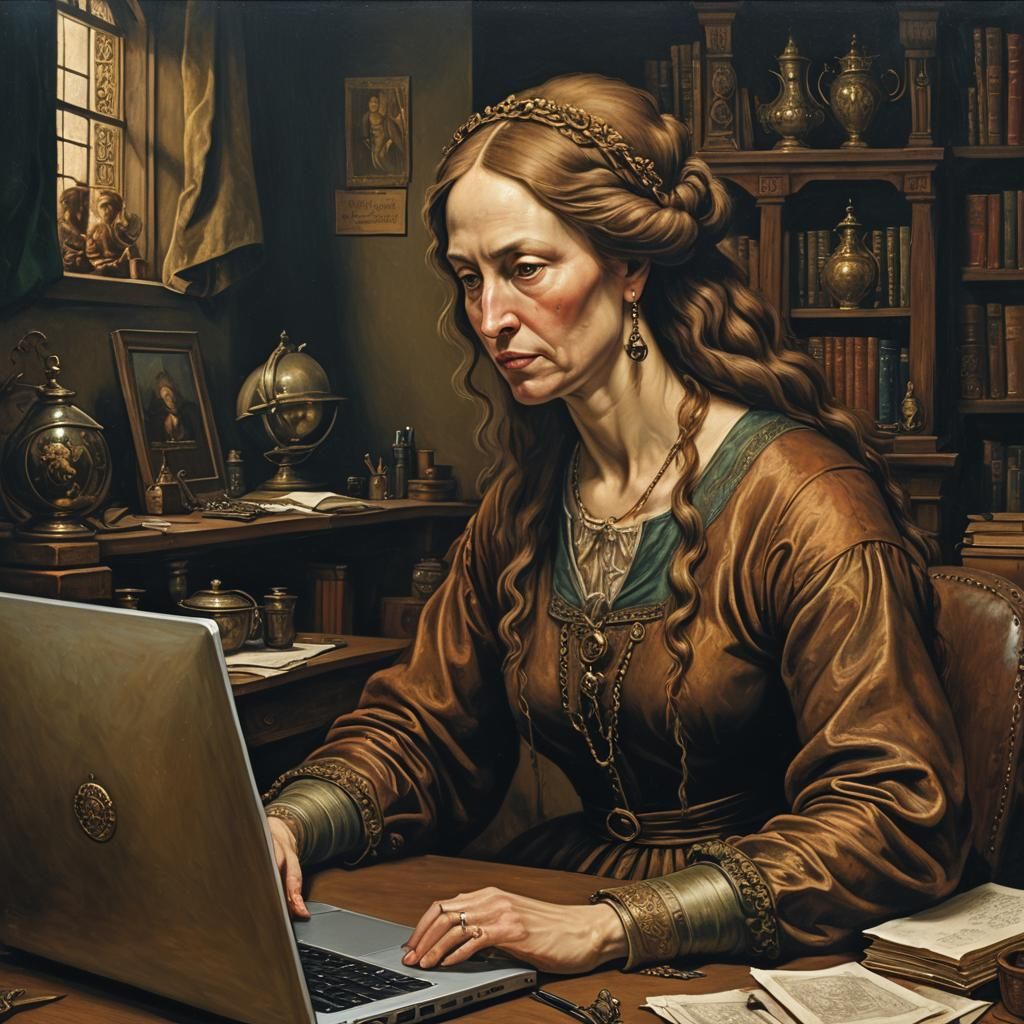 Renaissance Woman Working on Laptop Oil Painting