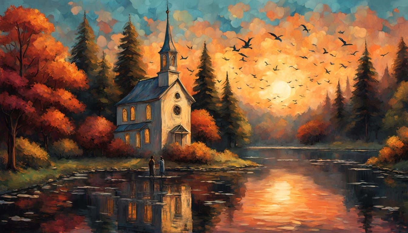 Impressionist Chapel by Lake with Newspaper and Birds