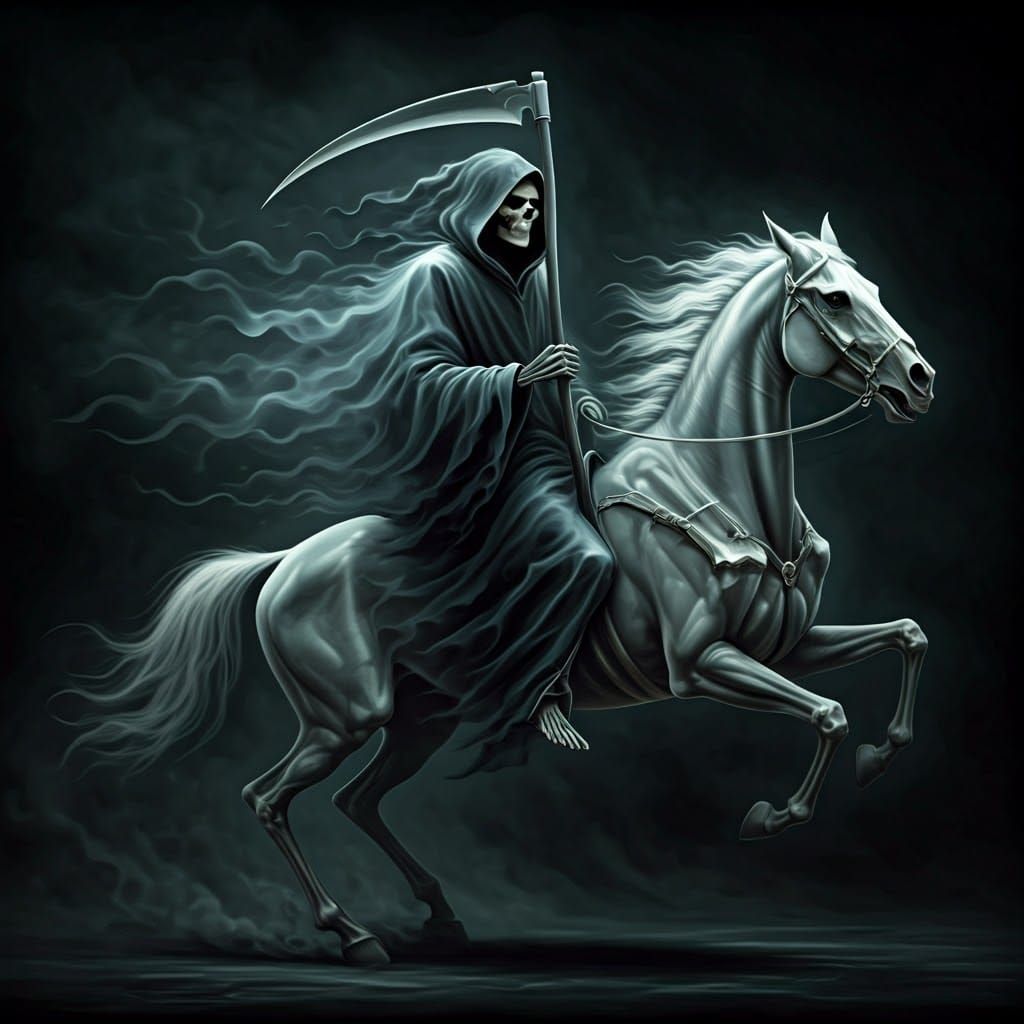 Ghostly Grim Reaper on Skeletal Horse in Dark Surrealism