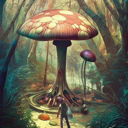 Giant Mushroom Jungle, Detailed Cel-Shaded Digital Art