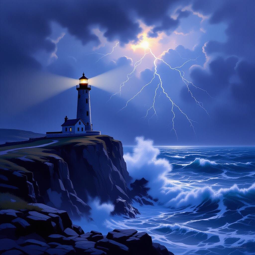 Stormy Lighthouse on Rugged Cliff Matte Painting