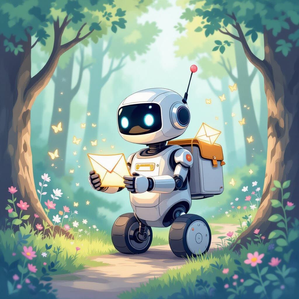 Whimsical Robot Mail Carrier in Enchanted Forest Watercolor