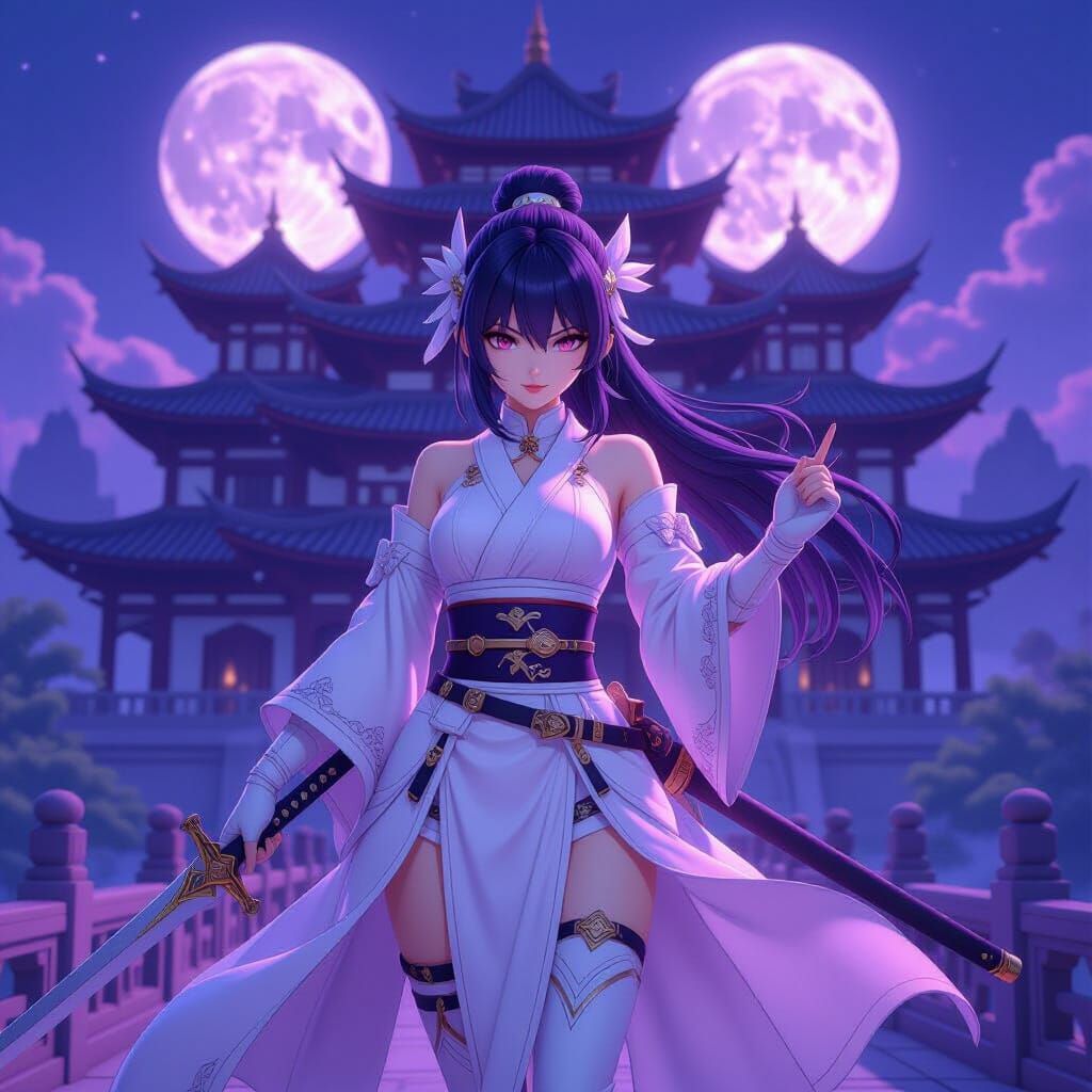 Anime Adventurer in Moonlight, Asian Castle Backdrop