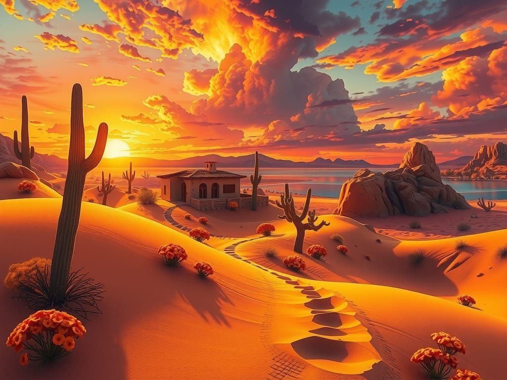 Vibrant Desert Sunset Landscape in Digital Painting Style