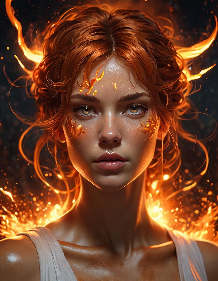Fiery Woman Portrait with Molten Metal Sparks
