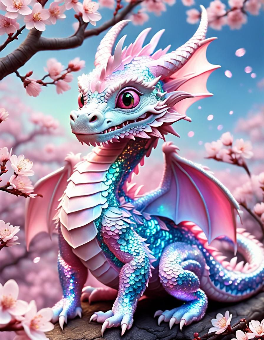 Opalescent Dragon with Cherry Blossoms, Fantasy Artwork