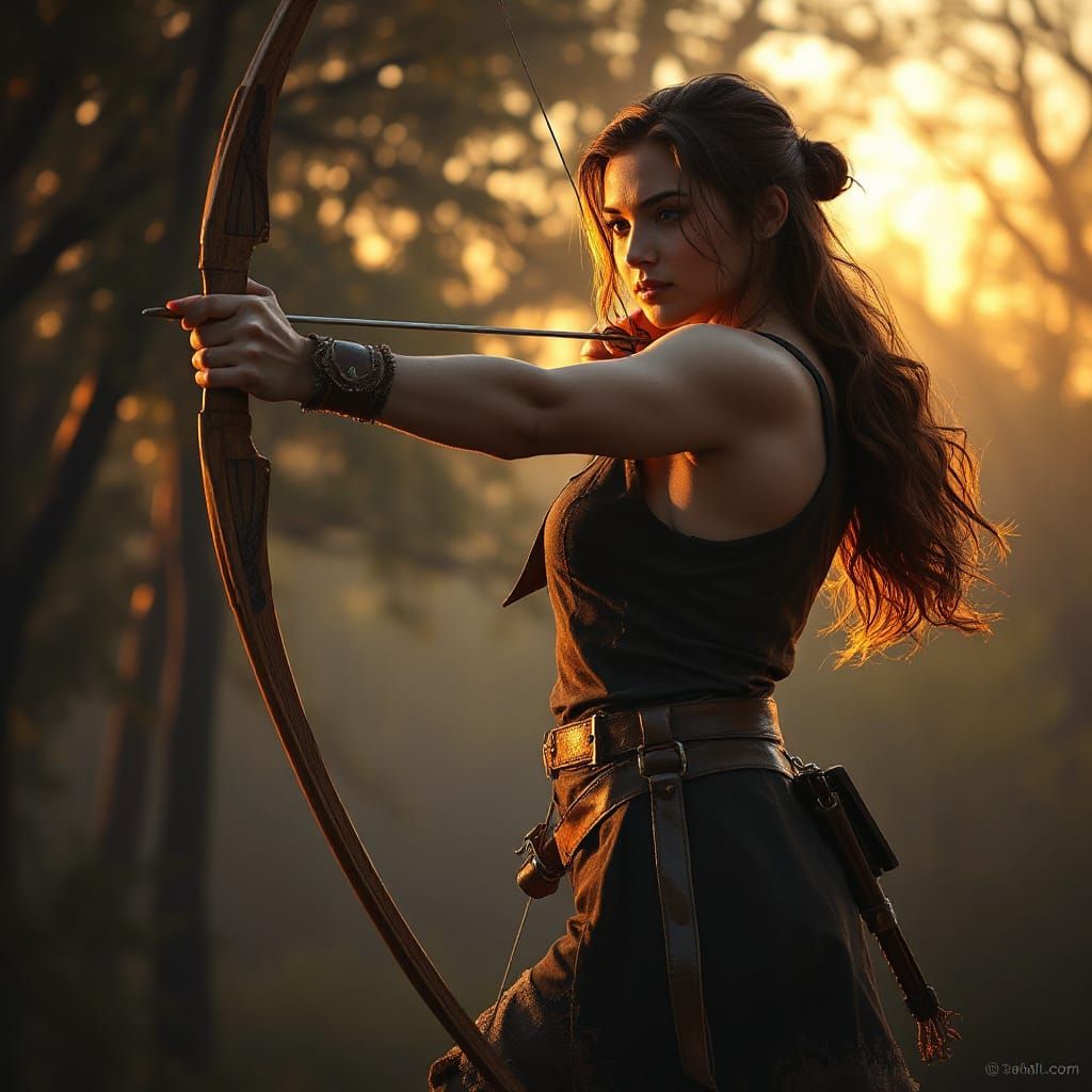 Muscular Female Archer in Misty Forest at Dusk