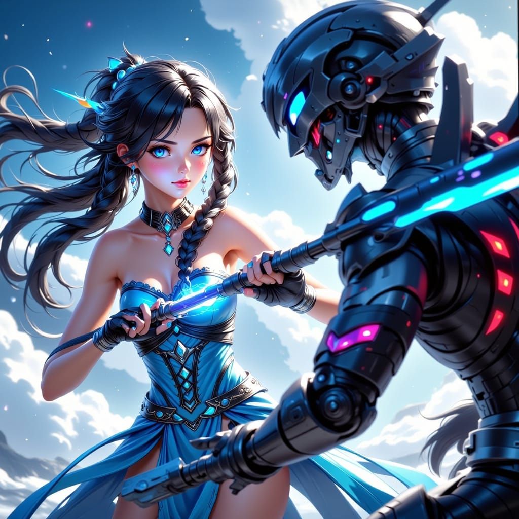 Anime Action: Heroine Wields Energy Spear Against Cyborg