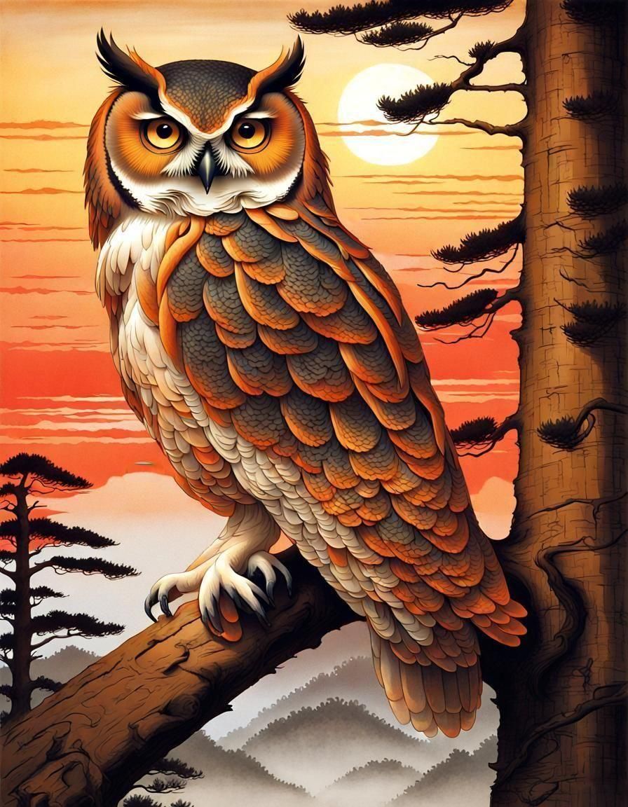 Owl Portrait at Sunset in Japanese Zen Style
