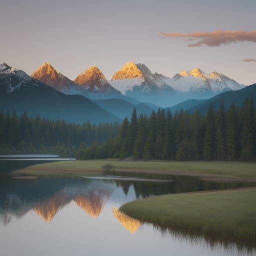 Surreal Landscape with Majestic Mountains and Serene Lake