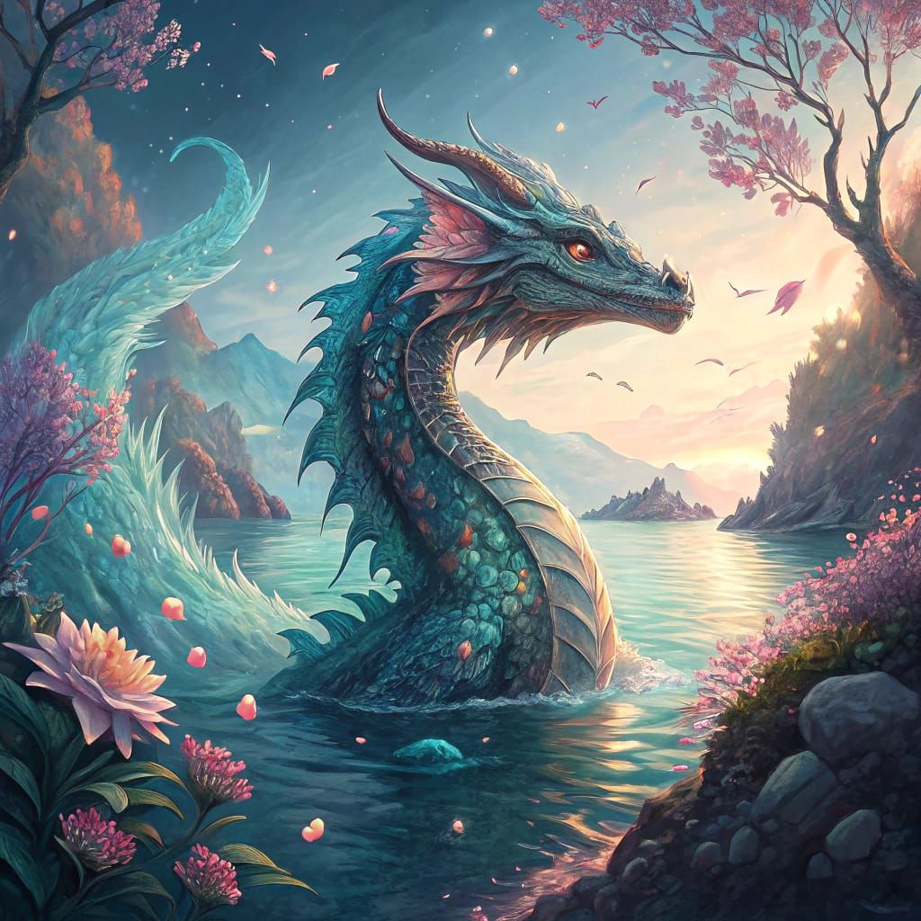 Majestic Water Dragon in Ethereal Oceanic Landscape