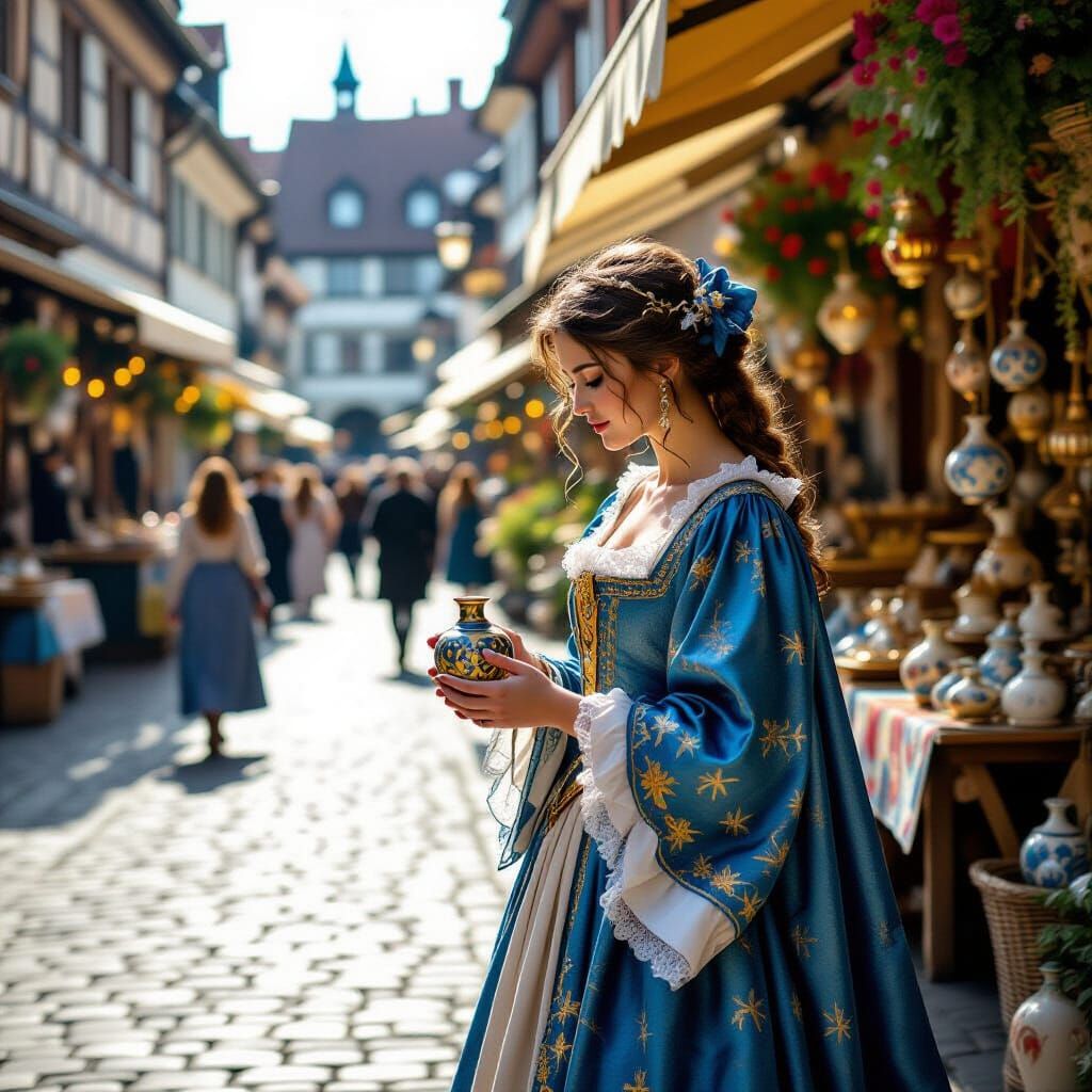 Noble Lady Inspecting Pottery in Market, Golden Age