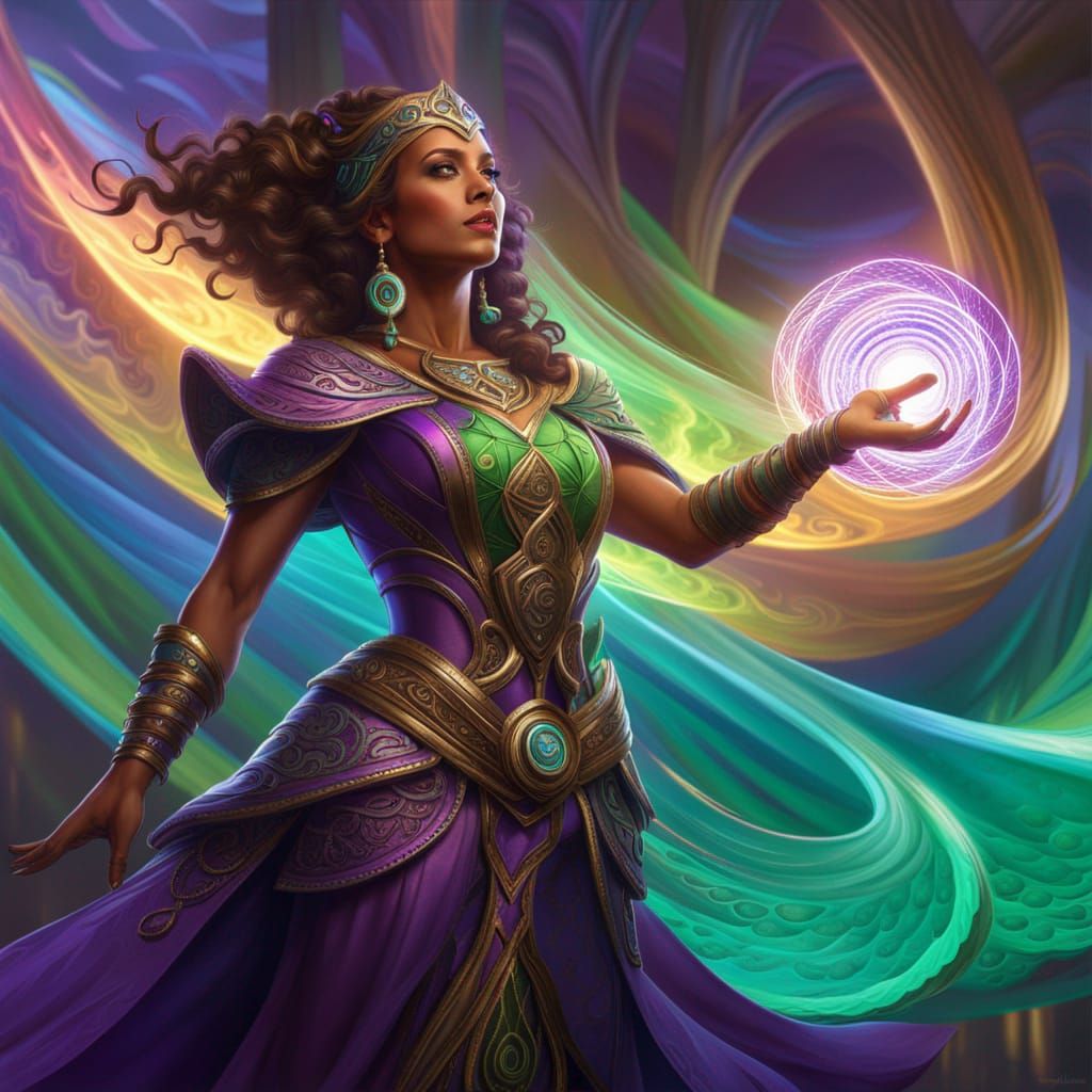 Female Mage Casting Vibrant Fractal Magic