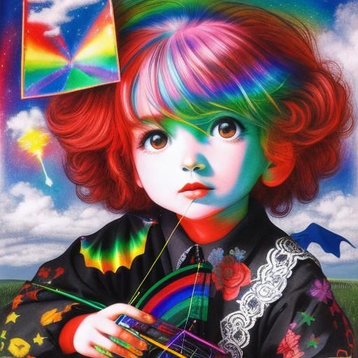 Surreal Crayon Drawing: Kids Flying Kite with Rainbow