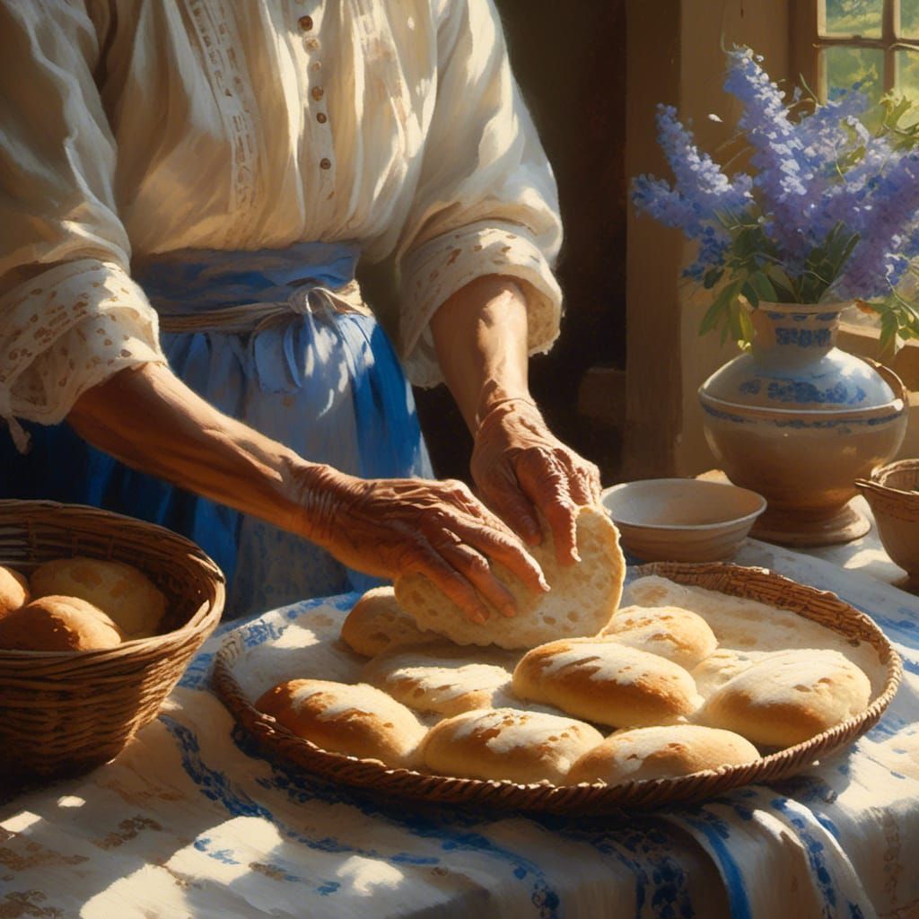 Renaissance Oil Painting of Hands Rolling Dough