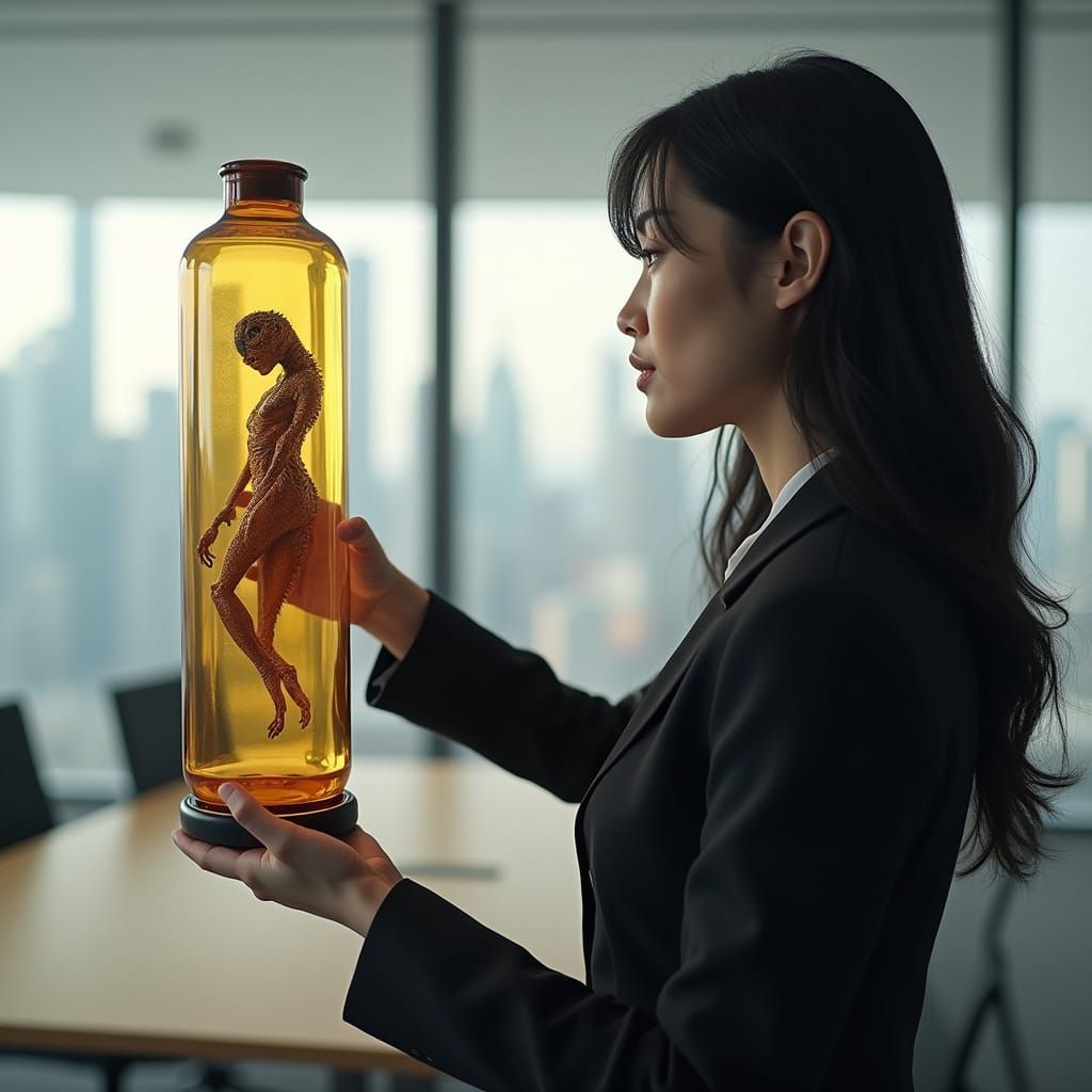 Asian American Woman Examines Amber Cylinder in City View Me...