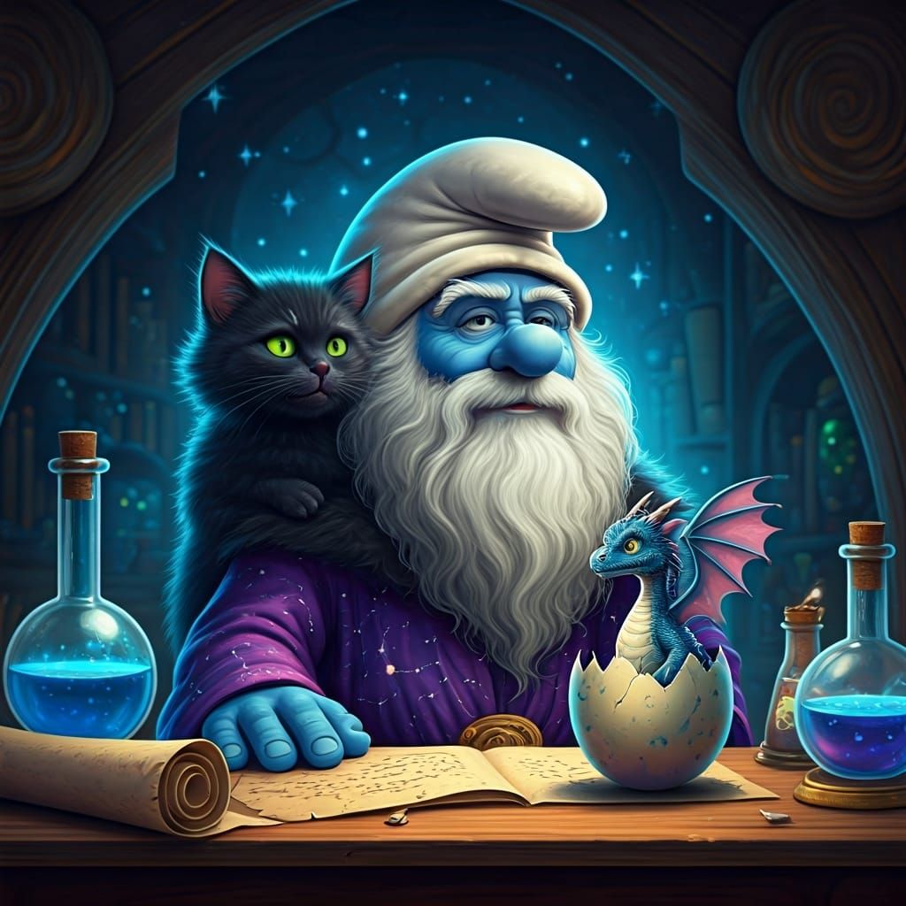 Papa Smurf as Wizard with Dragon, Miyazaki Style