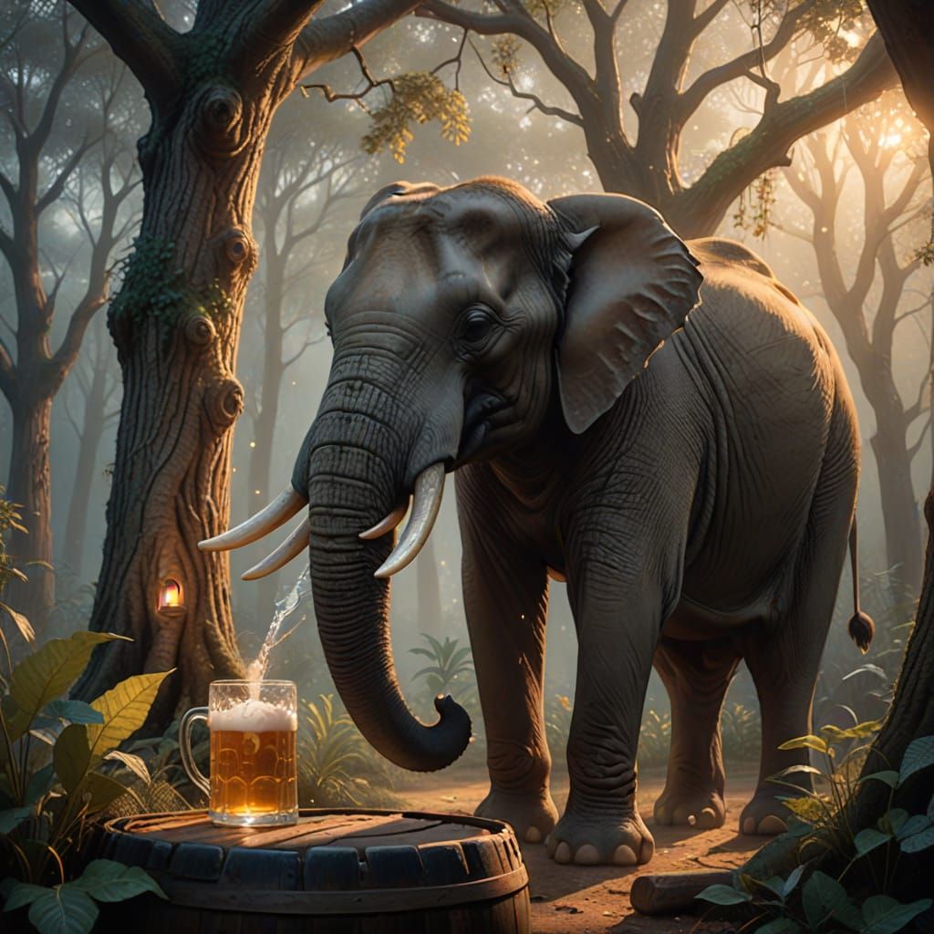 Mystical Elephant Enjoys Golden Beer in Whimsical Forest