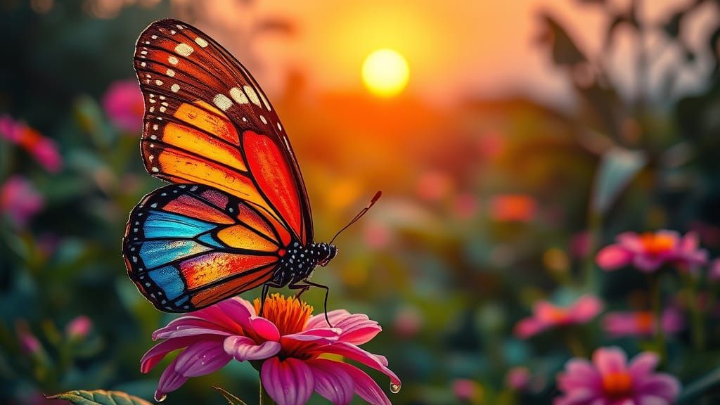 Vivid Butterfly on Flower in Golden Hour