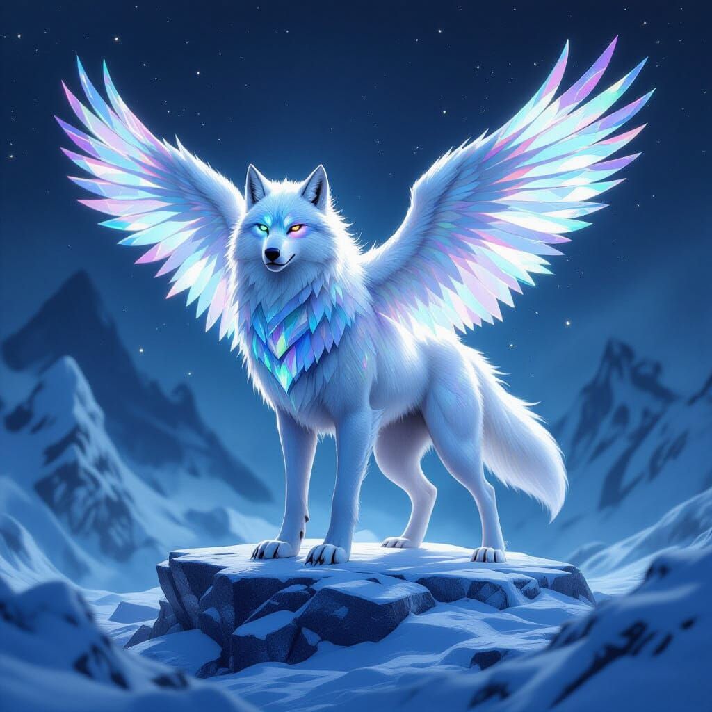 Ein majestätisches Mischwesen, halb Werwolf, halb Eisphönix, steht auf einer zerklüfteten Plattform au Ein majestätisches Mischwesen, halb Werwolf, halb Eisphönix, steht auf einer zerklüfteten Plattform