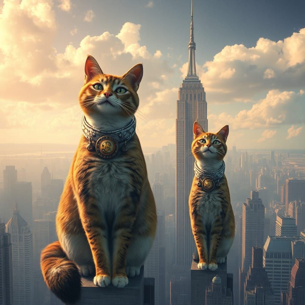 Giant Cats Tower Over Cityscape in Dreamlike Art