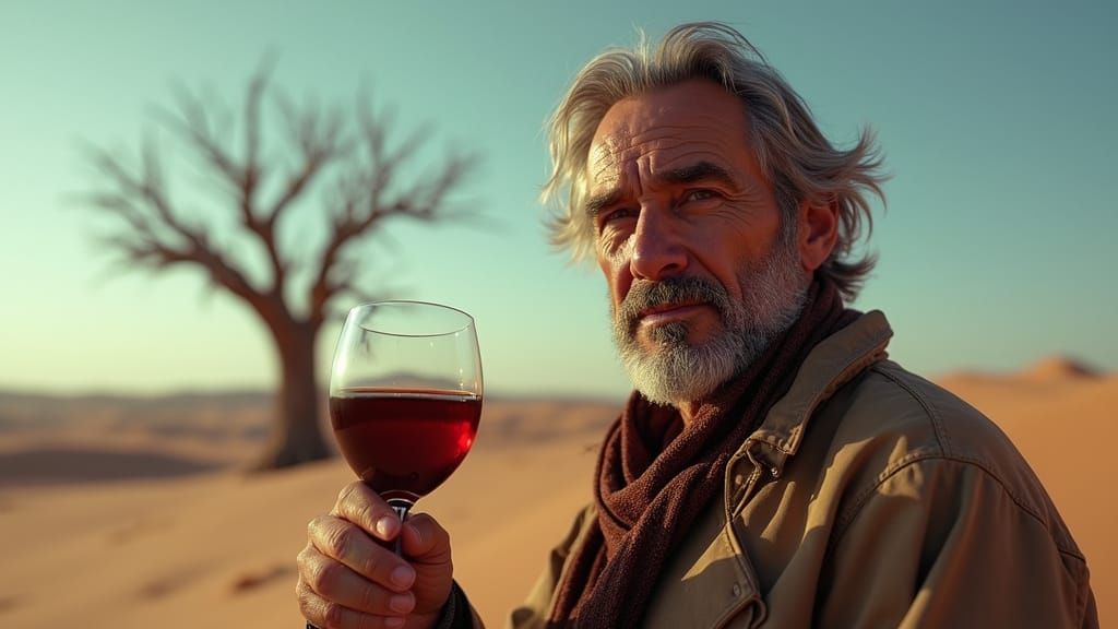 Man Contemplates Life in Desert Landscape with Wine
