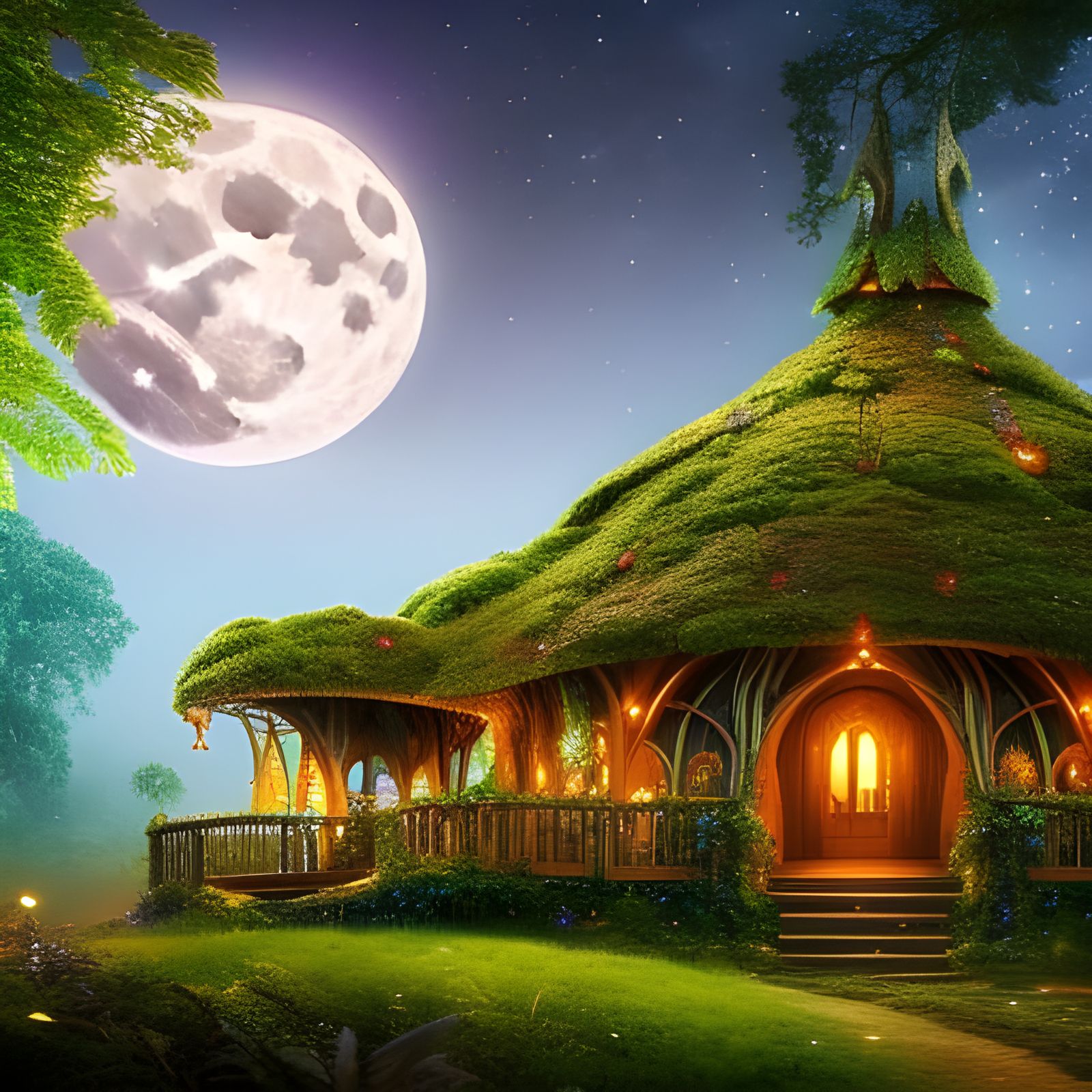 Enchanted Elven Treehouse in Moonlit Forest
