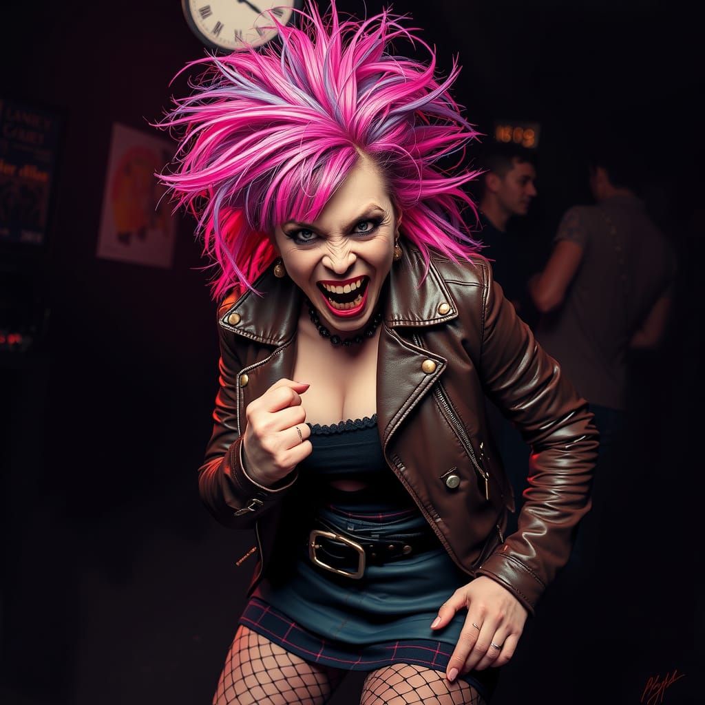 June Cleaver dressed for a 1970s British punk concert, resembles  Barbara Billingsley in her 40s, 1970s punk fashion, ev...