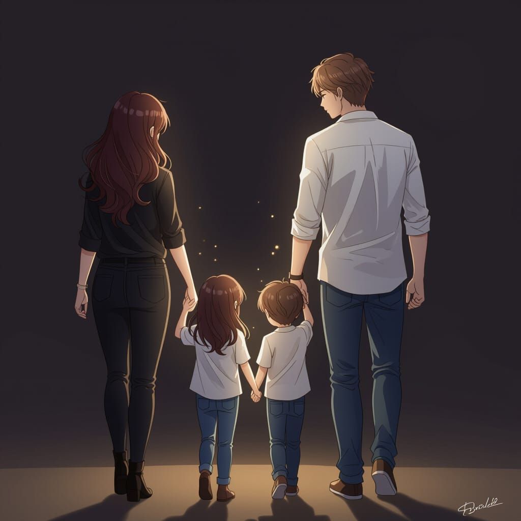 Family Walking Hand in Hand in Soft Glow, Anime Inspired