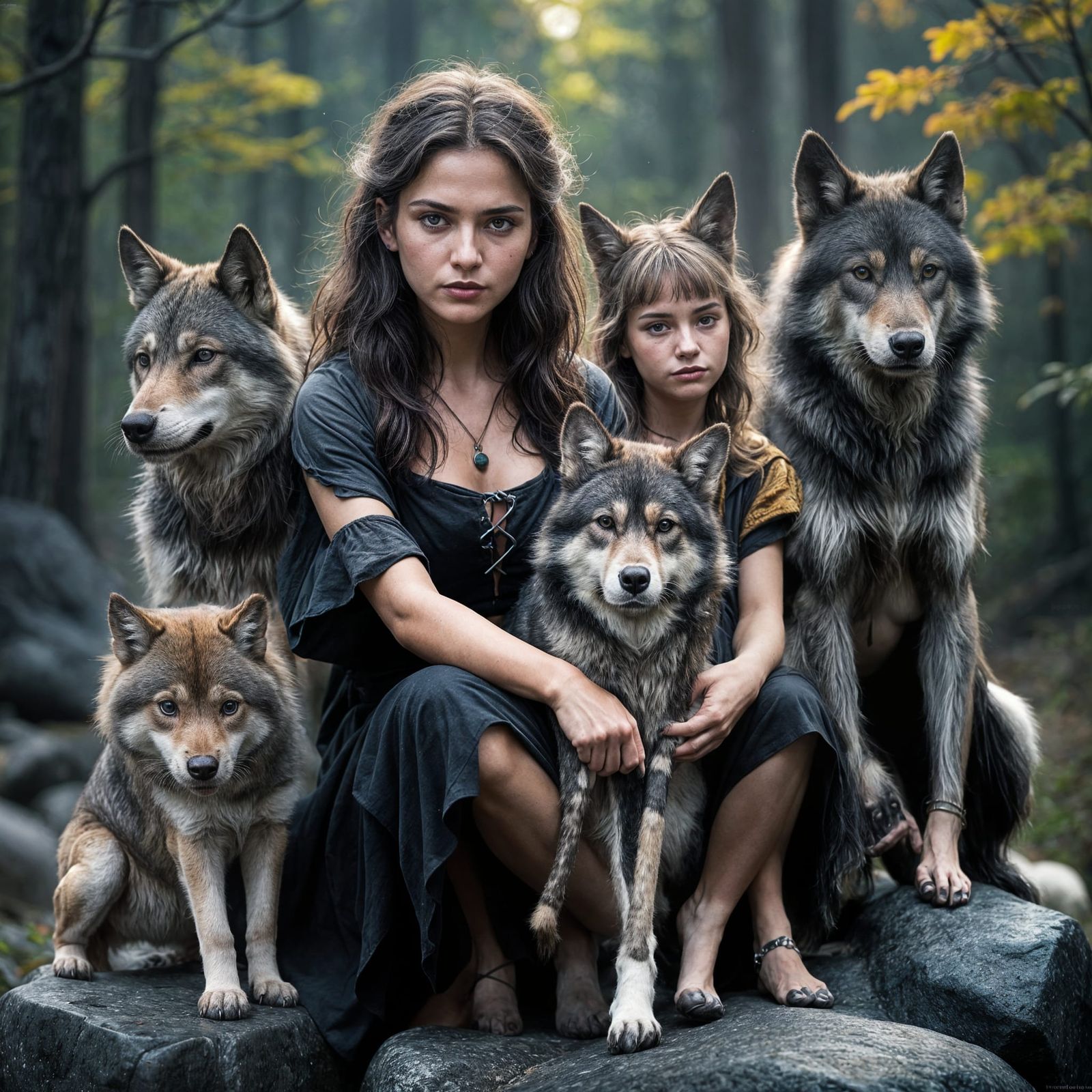Young Sorceress with Wolves in Dark Fortress