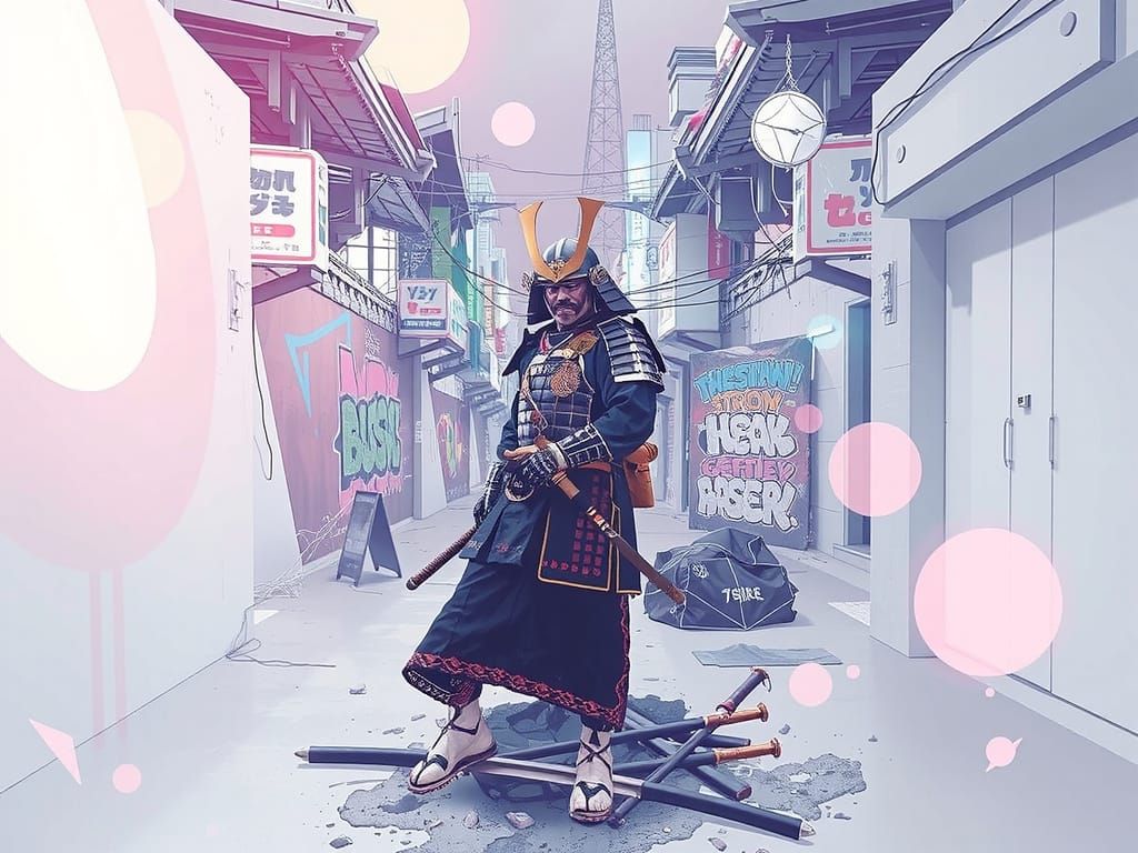 Cyberpunk Samurai in Tokyo Alleyway, Neon Noir Style