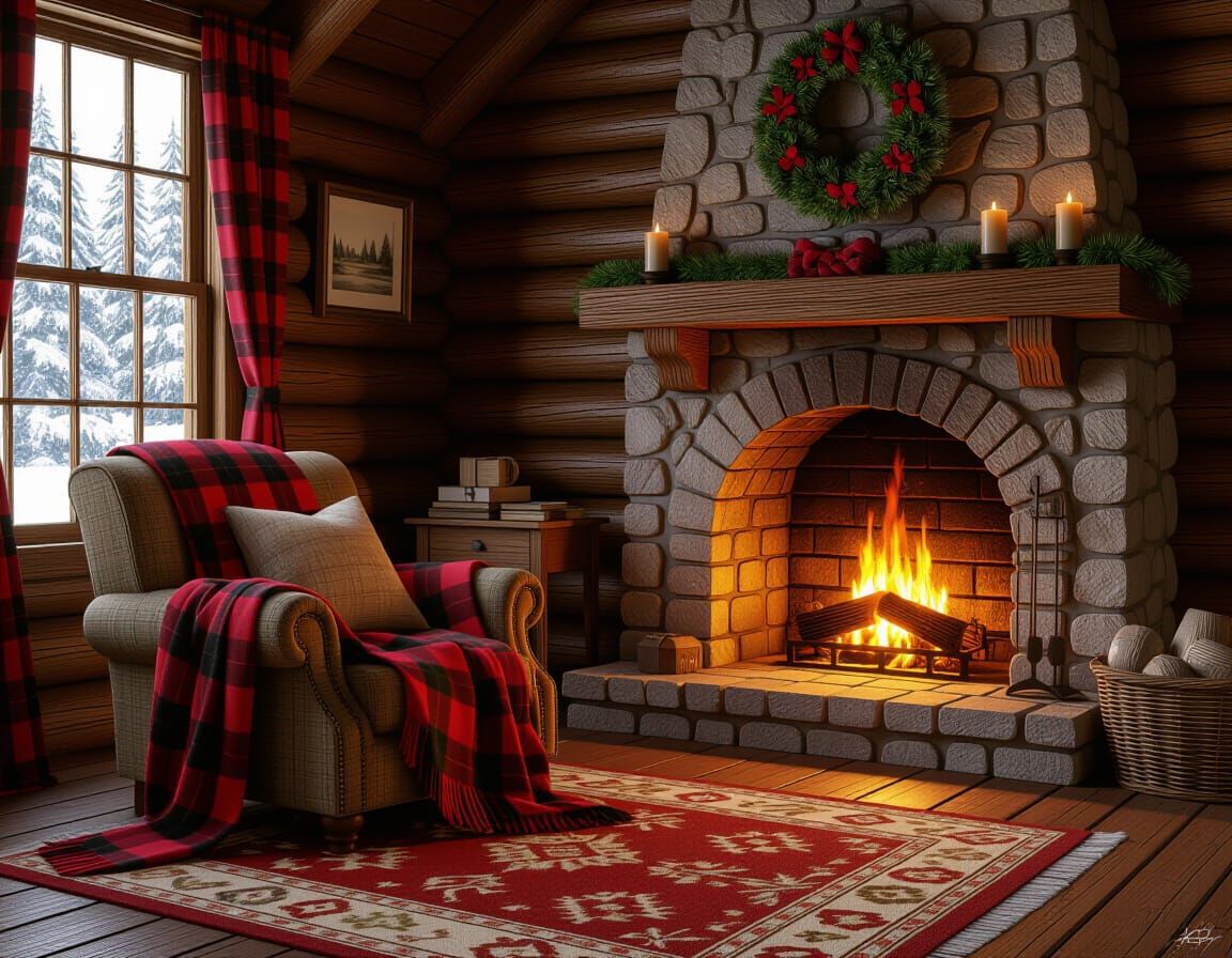Cozy Cabin Interior with Fireplace Glow