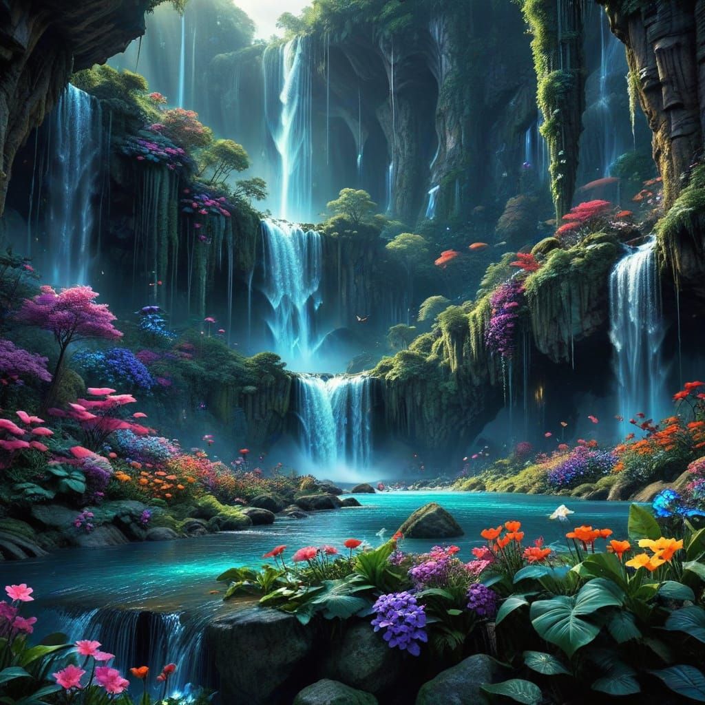 Epic Waterfall in a Vibrant, Fantastical Paradise