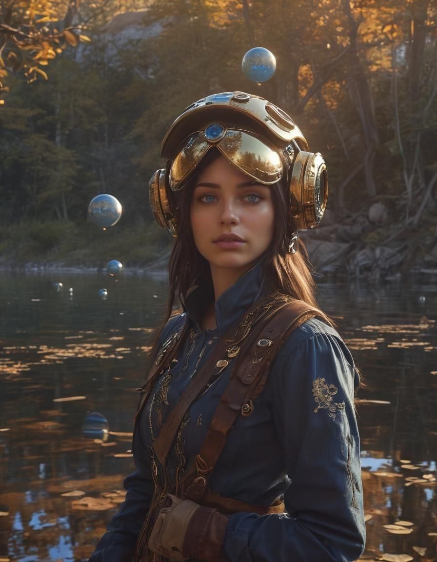 Steampunk Woman with Floating Orbs at Sunset
