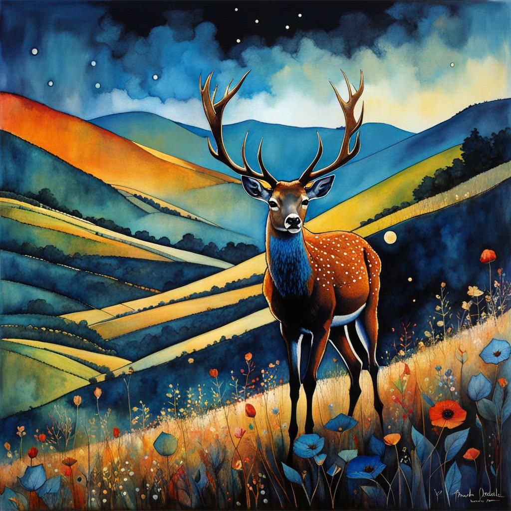 Deer on Hill in Art Brut Style