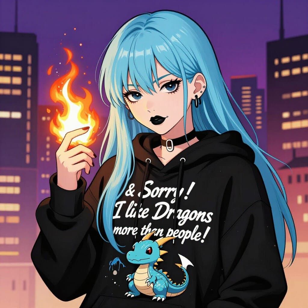 Goth Woman with Blue Hair and Baby Dragon - Anime Style