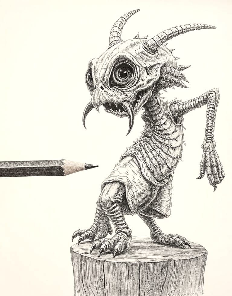 Dorky Monster Pencil Drawing in Post-Apocalyptic Wonderland