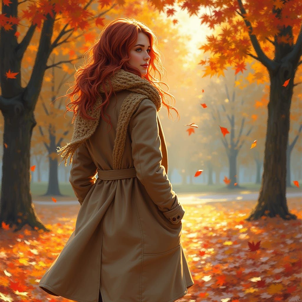 Woman in Autumn Park with Dappled Golden Light