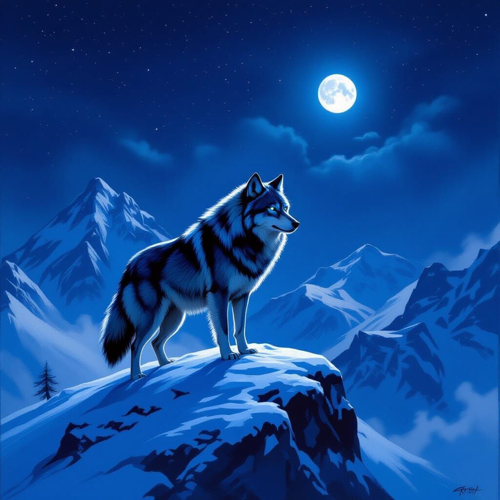Majestic Wolf on Snowy Peak Under Starry Sky