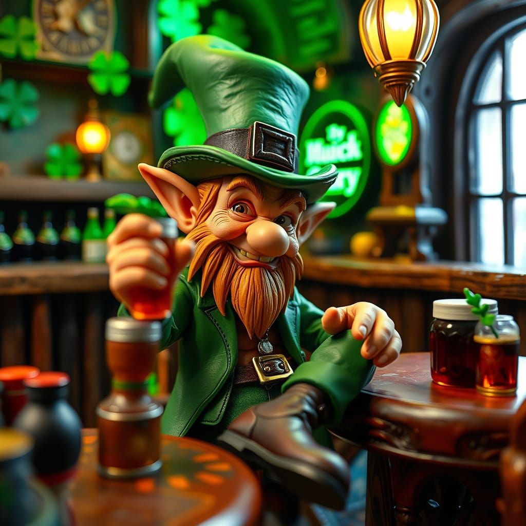 Emotive Leprechaun in a Vibrant Irish Bar Scene