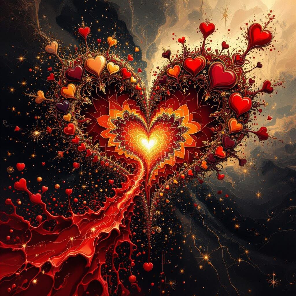 Majestic Fractal Heart with Ink Splash and Gold Sparks