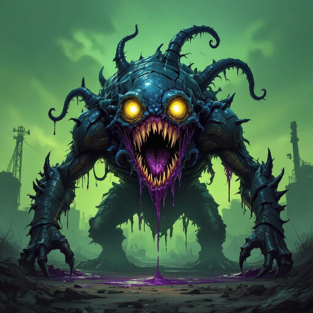 Xylos Maw: Grotesque Chitin Creature in Industrial Wasteland
