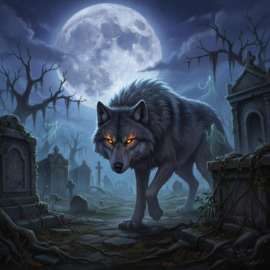 Gray Wolf Prowls New Orleans Graveyard Under Full Moon