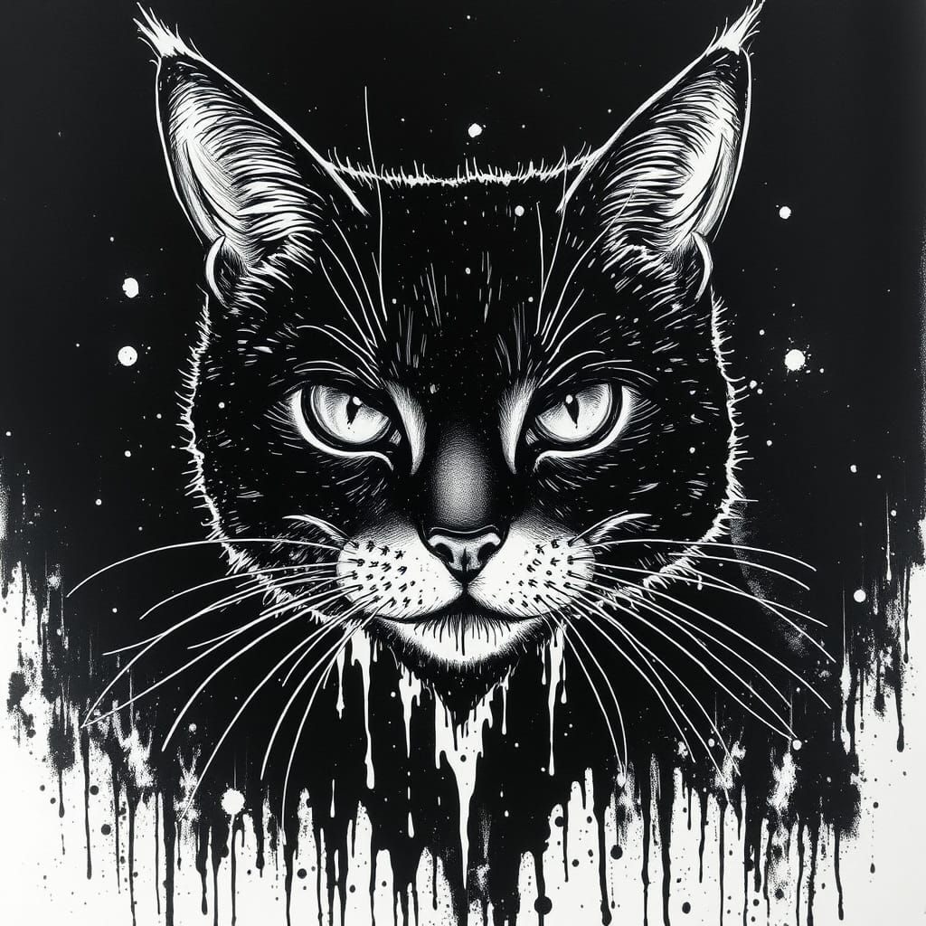 Ink Black Cat Splatter Surreal Art
