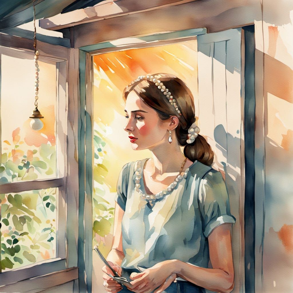 Whimsical Watercolor Scene of a Girl in a Cozy Cottage