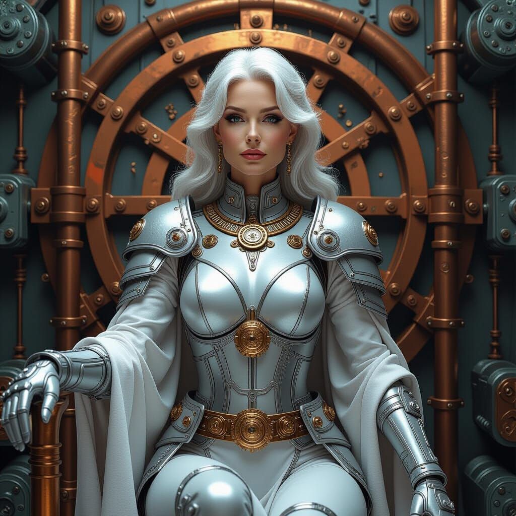 Elderly Goddess of Metal in Silver Amidst Steampunk Machiner...