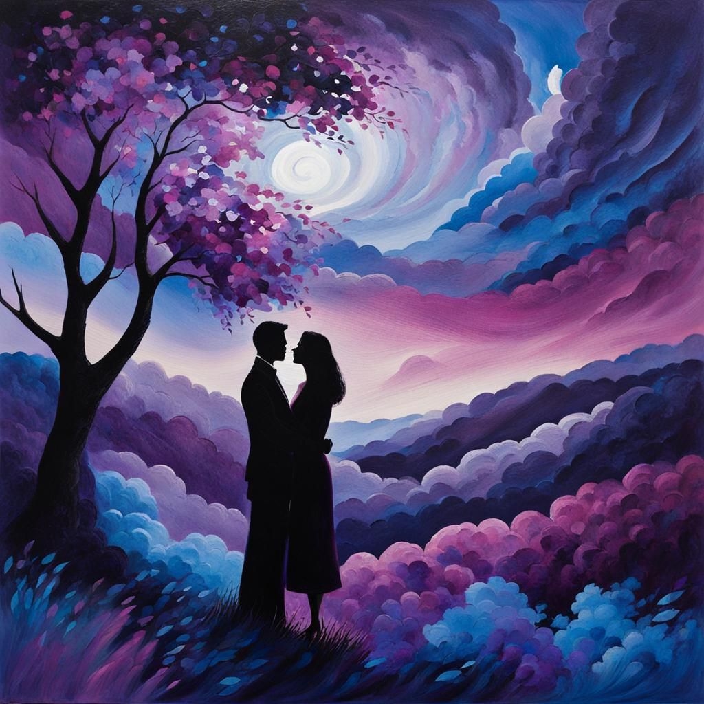 Lovers Meeting Under Ominous Sky as Gouache Painting