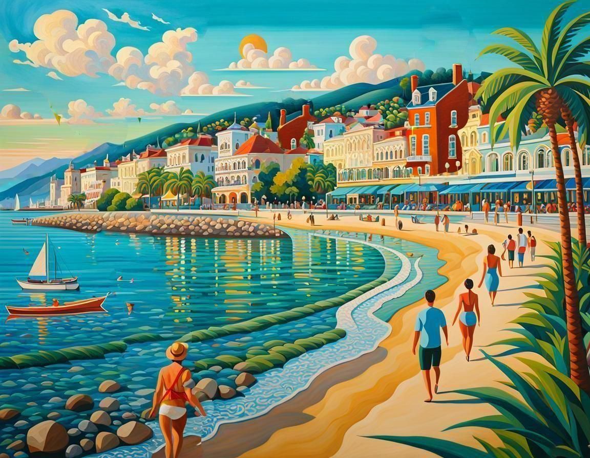Naive Art Masterpiece of Seaside Town Embankment