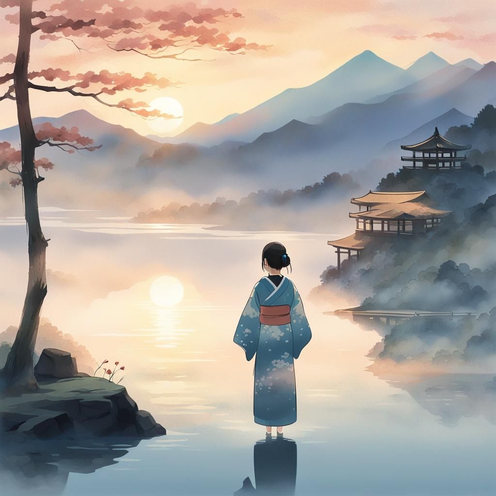 Girl by Misty Lake: Ukiyo-e Style Sunrise