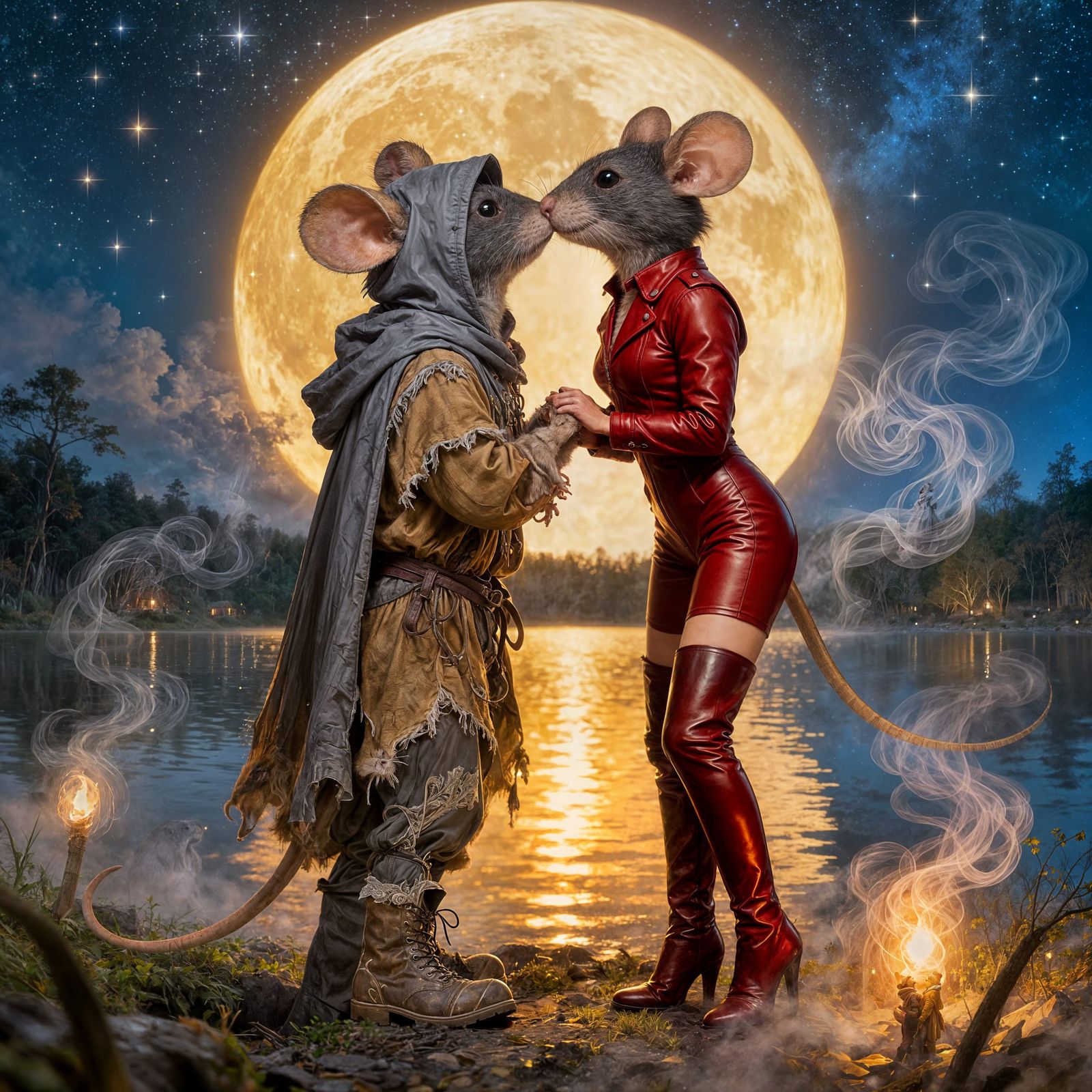 Anthropomorphic Mice in Autumn Forest Night Scene